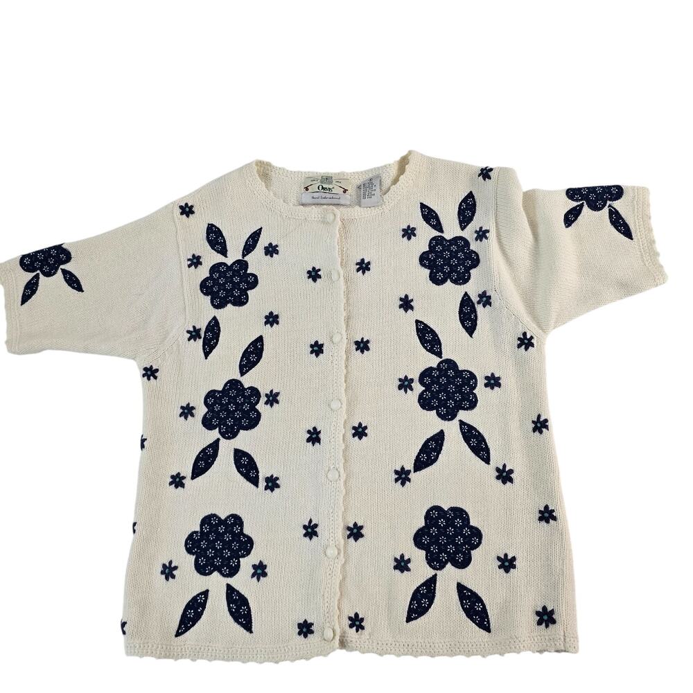Orvis Women’s Cardigan Sweater S White cream Floral Embroidered Short Sleeve